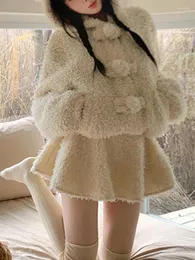 Arbeitskleider Winter warm warm Kawaii Lolita Rockanzug Frauen Wolle koreanische süße zweiteilige Set 2024 Japanische Kapuze-Mantel Freizeitparty Mini