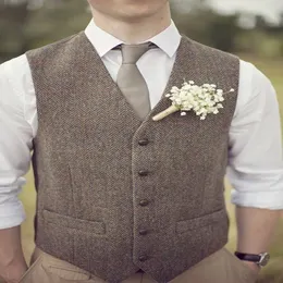 Brown tweed kamizelki wełniane jodełko brytyjski styl niestandardowy Slim Fit Chaur Vest Vintage Wedding Mens Vest 02253H