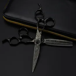 Professional 6 Upscale Black Damascus hair scissors cutting barber makas tools haircut thinning shears hairdresser scissors240227