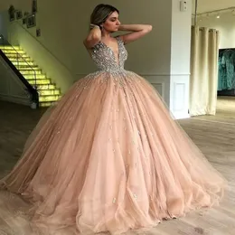 Элегантные тюлевые платья Quinceanera с глубоким V-образным вырезом 2019, украшенные бисером и камнями, верхнее бальное платье длиной до пола, вечерние платья принцессы для выпускного вечера268C