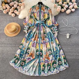 فساتين نساء 2024 عطلة Paisley Print Party Dress Women's Stand Long Single Single Floral Print Belt Chiffon Maxi Robe Vestidos