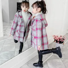Jackets Girls Children's Clothing Winter Plaid Jacket Big Hooded Windbreaker Long Girl's Mid-length Woolen Cloth Coats