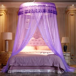 Ädla lila rosa bröllop runda spetsar hög densitet prinsessa säng nät gardin kupol drottning tak myggnät #sw333s