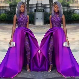 2022 Purple Jumpsuits Prom -klänningar med löstagbart tåg Hög halsspets Appliqued Bead Evening Gowns Luxury African Party Gowns PR2661