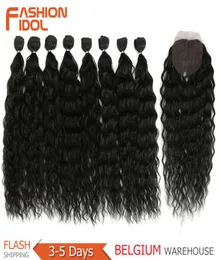 Moda ídolo onda de água pacotes de cabelo com fechamento cabelo sintético ombre loira prata cinza cabelo 9pcspack 20 polegada fibra q11285630657