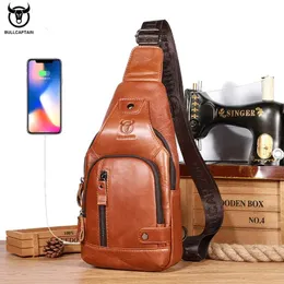BULLCAPTAIN Leather Mens Chest Pocket One Crossbody Bags With USB Rechargeable Bag Can Be Used For 79 Inch IPai Pockets 240301
