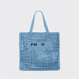 Bolsa de praia designer de palha sacola feminina palha verão designer bolsa de ombro azul bordado tricô praia crochê moda bolsa tecer malha oco sacola de luxo