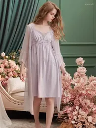 Women's Sleepwear Sexy Spring Summer 2 Pieces Robe Sets Long Sleeve Royal Roupas De Dormir Femininas White Embroidered Lace Sleepshirts