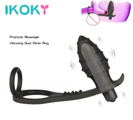 Ikoky Dual Cock Ring Butt 플러그 항문 Dildo Vibrator Silicone Prostata Massager Vibrator Gspot 성인 제품 남성용 성 장난감 Y190704670