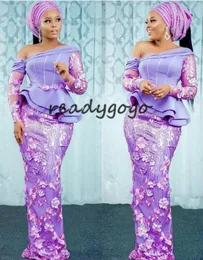 Aso Ebi Style Lavender Evening Pageant Dresses with Long Sleeve 2020 Lace 3D Floral African Nigerian Prom Party Bridesmaid Dress4371507