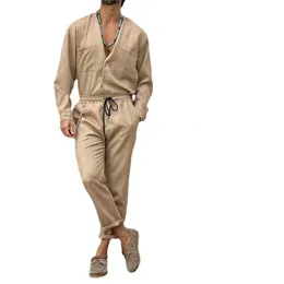 Mens long sleeved stand up collar button up shirt and pants set cotton and linen street clothing spring and summer 2-piece set 2023 240311