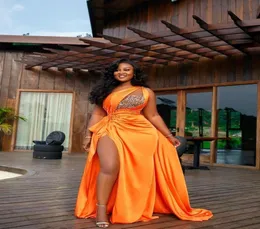 Sexy árabe aso ebi laranja frisado cristais vestidos de noite alta divisão vestido de baile um ombro plus size festa formal segundo recept1724371