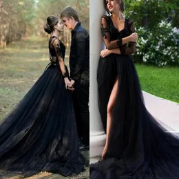 Vintage Deep V Neck Wedding Dress Black Long Sleeve Split A Line Tulle Bridal Gown Plus Size Custom Made3069977