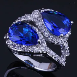 Pierścienie klastra Niezwykłe gruszek niebieski cyrkonia biała CZ srebrny pierścień V0469