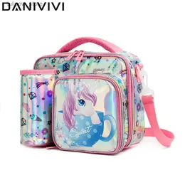 Bento Boxes Lunch Box Bag para Gilrs Kids Unicorn Pattern Lunchbag Tote Oxford Lunch Bag Pacote de isolamento portátil com bolso de garrafa 2022 L240311