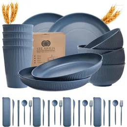 접시 Strawria Wheat Straw Finterware Set -32 피스 파란색 깨지지 않는 전자 레인지 및 식기 세척기 안전한 친환경 다목적 사용