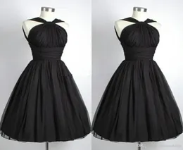 Schwarze Abschlusskleider unter 100, Vintage-Partykleid, A-Linie, Neckholder, Chiffon, plissiert, kurze Cocktailkleider für Abschlussfeiern7583654