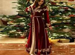 Burgundy Moroccan Caftan Velor Prom Dresss Long Sleeve Saudi Arabia Muslim Evening Gowns Gold Appliques Lace Dubai Women Dress R1090648