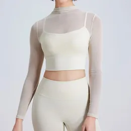 Camicie attive Camicetta sportiva da donna ad asciugatura rapida Top corto da allenamento in rete Manica lunga T-shirt da yoga trasparente