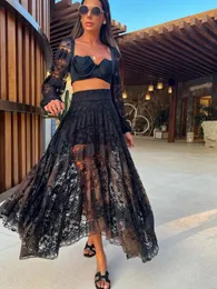 Sexy black lace two-piece long sleeved V-neck ultra short top high waisted See Through Skirt Suit summer beach style set 240311