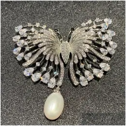 Pins, broches broches cobre com zircão cúbico borboleta broche natural água doce pérola moda mulheres jóias gota entrega jóia dhjbx