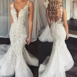 Sereia vestidos de casamento tule 3d apliques florais espaguete vestidos de casamento sem costas trem varredura vestidos de