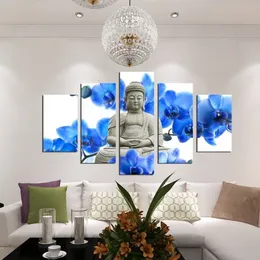 Ingen ram 5 panel stor orkidé bakgrund Buddha målning fengshui canvas konst vägg bilder för vardagsrum hem dekor255r
