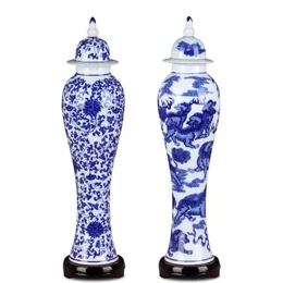 Vintage blå och vit porslin hem keramisk vas med lock konst hantverk dekor kreativ smal blommig blommor dekoration vaser242m