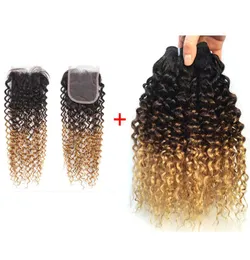 1B427 Ombre Virgin Kinky Curly Hair Weave Bundles with Closure Brazilian Hair Hair 3 Bundles with 44 Full Lace Closure1405811