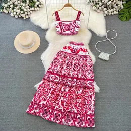 Summer Runway Holiday Red Blue White Porcelain Print Two Piece Set for Womens Italian Spaghetti Shoulder Strap Short Top+Maxi Ski Set 240311