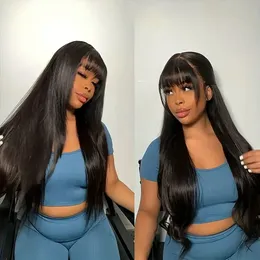 Straight Wig with Bangs 100% Human Hair Wig Without Glue Brazil Full Machine Made Fringe Remy Hair Glueless Wigs