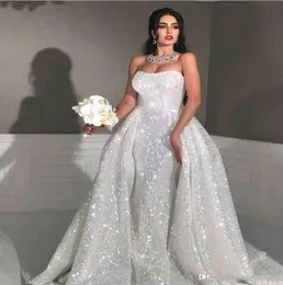 Glitter Arabska syrena ślubna Suknie ślubne z odłączanym pociągiem bez ramiączki Pełne cekiny Plus Size Overskirt Country Bridal 2508810