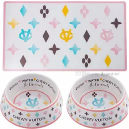 Designer Dog Bowls and Placemats Set Food Grade Non-Skid BPA- Chip-Proof Tip-Proof Dishwasher Safe Malamine Bowls with Fun Bra184H