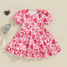 16Y Kids Girl Valentines Day Dress Fly Sleeve Round Neck Heart Print Swing Cute ALine Girls Casual Dresses 240228