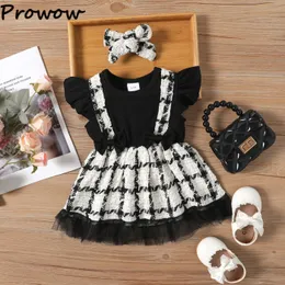 Prowow 0-3Y Baby Kleider Für Mädchen Schwarz Patchwork Plaid Tweed Kleid Mit Stirnband Spitze Mesh Party Kleid Baby kleidung Mädchen 240307