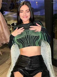 القمصان النسائية inwoman Summer Sexy Sexy Detive Graphic Shirt Club Thourfit for Women 2024 Long Sleeve O Neck Crop Tops Tops Time Green Green