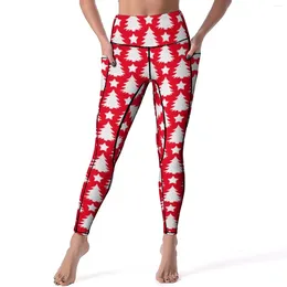 Leggings da donna Albero di Natale bianco Stelle Stampa Pantaloni da yoga da palestra Push Up Leggins Kawaii Collant sportivi con grafica elasticizzata Idea regalo