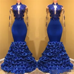 Royal Blue Black Girls Mermaid aftonklänningar Långa ärmar Lace Applique Keyhole Neck Prom Dresses 3D Rose Flowers Pageant Gowns286m