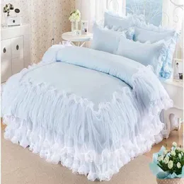 Einfarbig Spitze Bettwäsche Set König Königin Größe 4 stücke Sky Blue Polyester Baumwolle Koreanische Prinzessin Bettdecke Mädchen Geschenk Bettdecke Quilt Cover323e