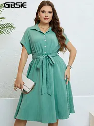 Plus Size Dresses GIBSIE Solid Half Button Belted Shirt Dress Women Fashion Summer Short Sleeve Ladies Casual Midi A-Line 2024
