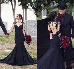 Gothic Black Mermaid Wedding Dresses Sweetheart Lace Appliqued Vintage Bridal Gowns Long Sleeves Illusion Back Buttons Court Train Women Robes de Mariee CL3374