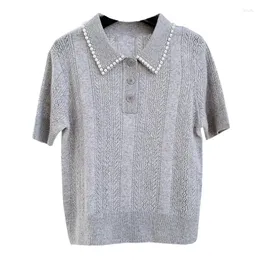 Kvinnors tröjor VII 2024 S KNITWEAR TIDLIGA VÅR KVINNA KLÄNNING BEADE LAPEL CASIAL Simple Knit Pullover Top Sweater Offer