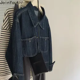 Vintage dżinsowa kurtka dla kobiet z uprawy ropa Mujer Streetwear Modna luźna kieszenie na zewnątrz swobodne koreańskie płaszcz Y2K 27P746 240301