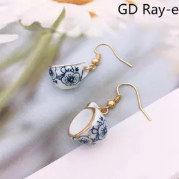 Dangle Earrings Modern Handmade Ceramic Cup Design For Women Blue White Enamel Trendy Golden Color Gift Wholesale