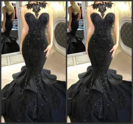 New Stunning Black Long Evening Dresses Beaded Appliqued Cascading Ruffled Mermaid Court Train Backless Formal Party Prom Gowns 2018
