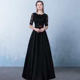 Abiye Scoop Neck Satin Long Evening Dresses With Lace Appliques 2019 Black Formal Dress Fast 9859761