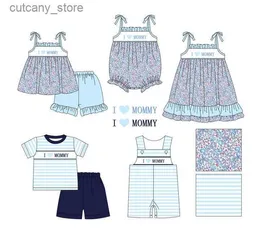 T-shirts baby New Kids Cotton Shivering T-shirt Set Round Neck I Love Mom Embroidery Girl Top Clothes and Blue Shorts Dekorera kostym L240311