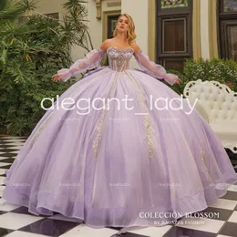 Lavendel lila prinsessa glittrande quinceanera klänningar med saga ärm Gillter Crystal Skrt Boning Vestidos de 15 Anos 2024