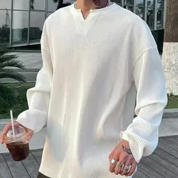 2024 Spring White VNeck Pleated Stripe TShirt Men Large Size Silky Soft Long Sleeved Summer Loose Bottomed Shirt 240227