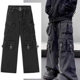 HARAJUKU Multi-Pocket Functional Loose Jeans Mens Y2K Overdized Streetwear Rock Punk Gothic Crock Wide Leg Pants Women Grunge 230226